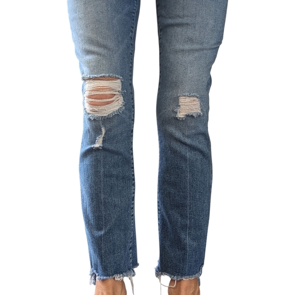 Mother Crop Step Chew Jeans Distressed Frayed Hem Size 26 Blue Denim - Picture 9 of 15